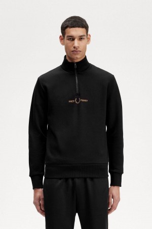 Bluzy Męskie Fred Perry Double Grafiką Half Zip Czarne | EPLHC48461